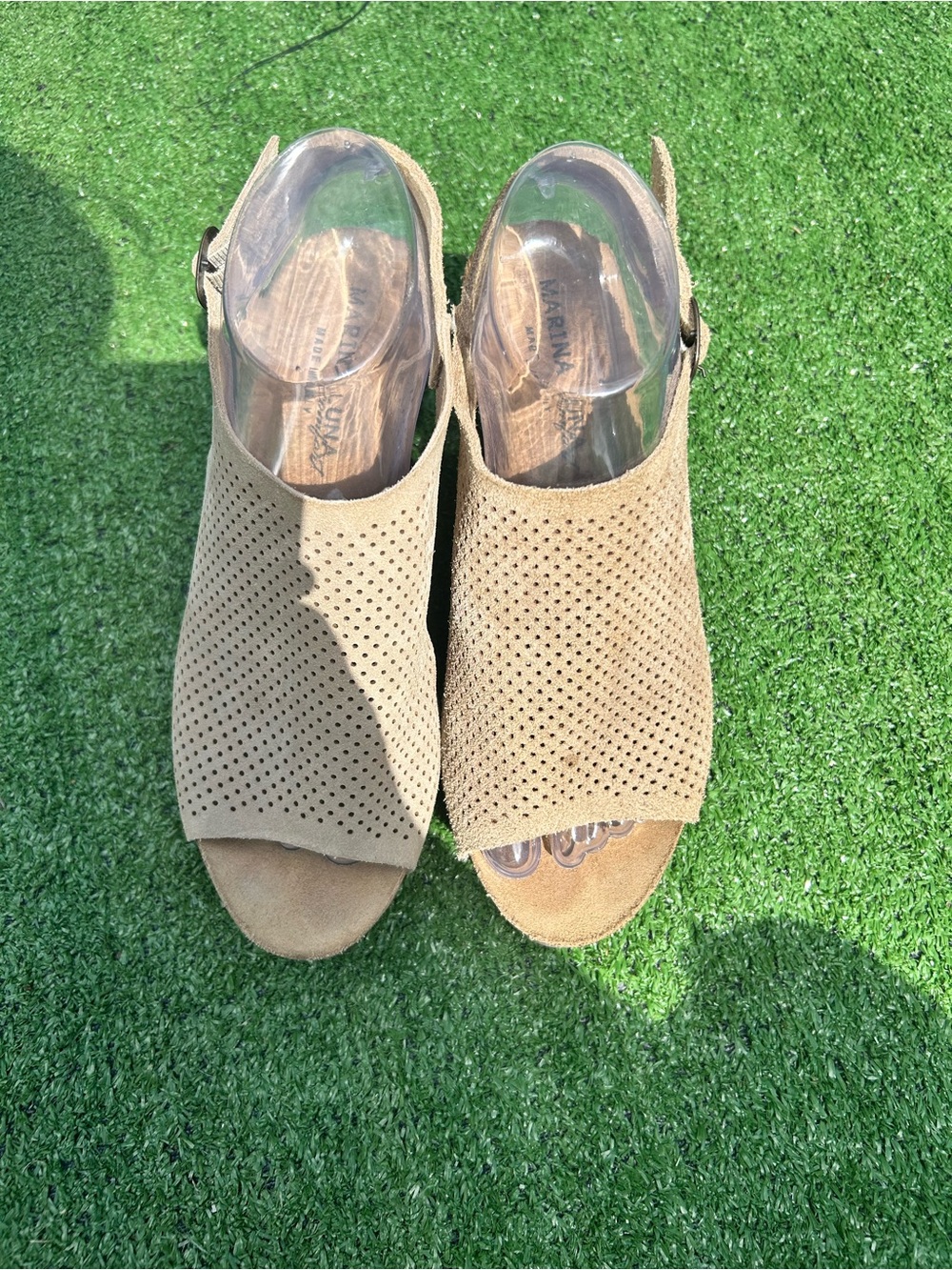 Marina Luna Perforated Open-Toe Slingback Mules — Tan